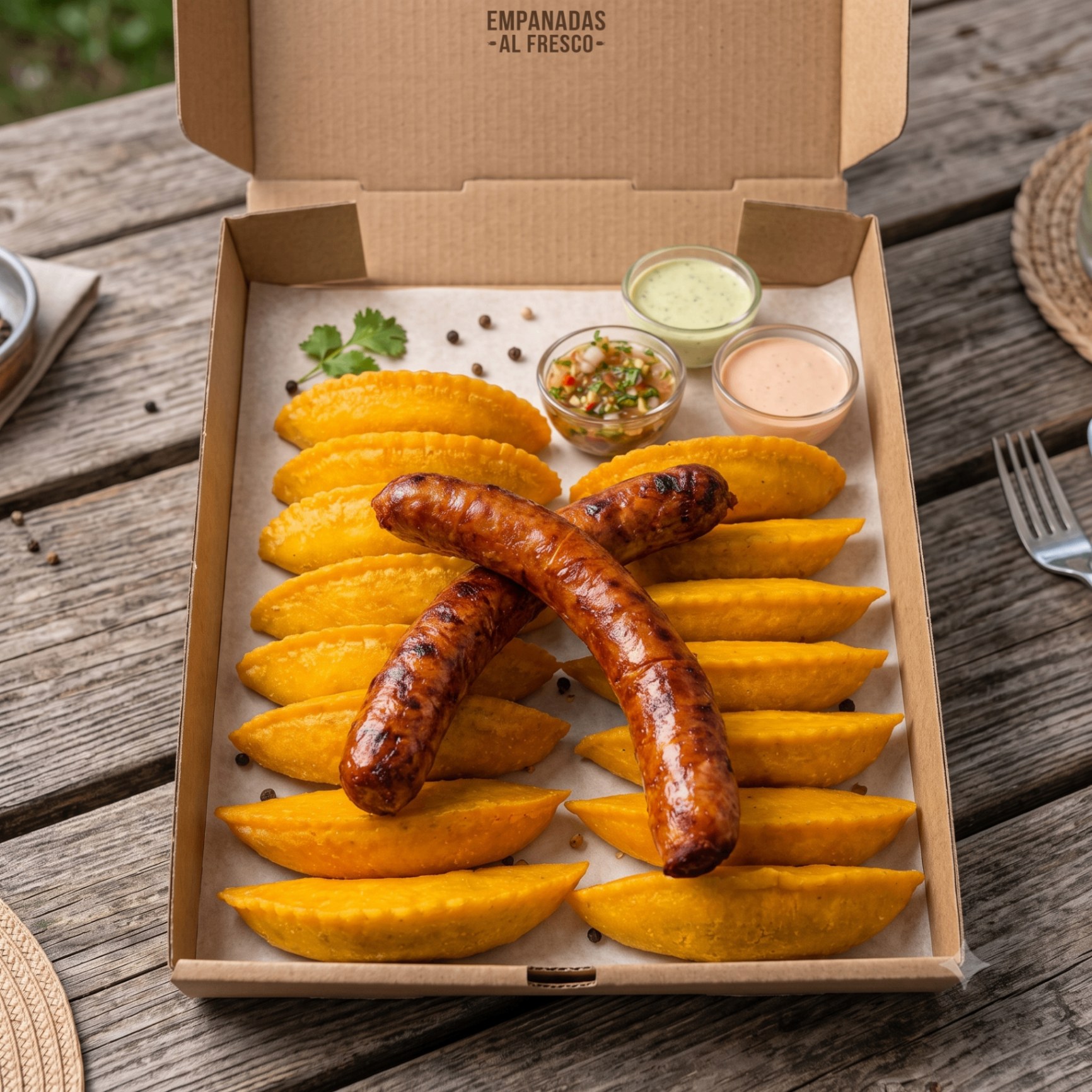 Combo #7: +20 empanadas grandes, 2 chorizo XL y salsas
