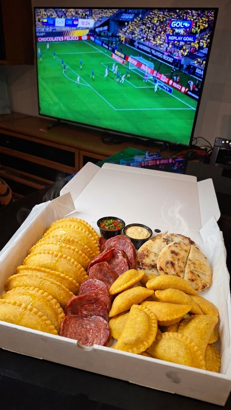 Combo #5 XXL: 10 empanadas grandes, +17 empanadas pequeñas, +2 arepas con queso, salami y 3 salsas de la casa